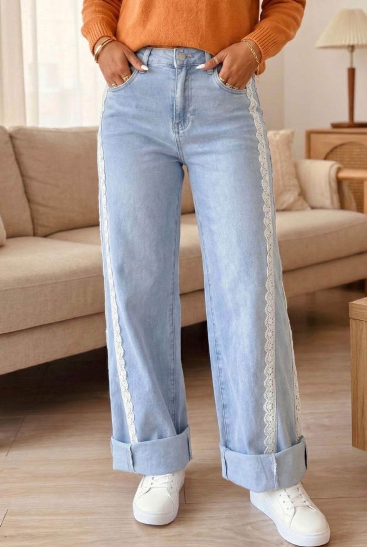 #1144 Beau Blue Lace Trim Casual Full-Length Regular Fit Jeans