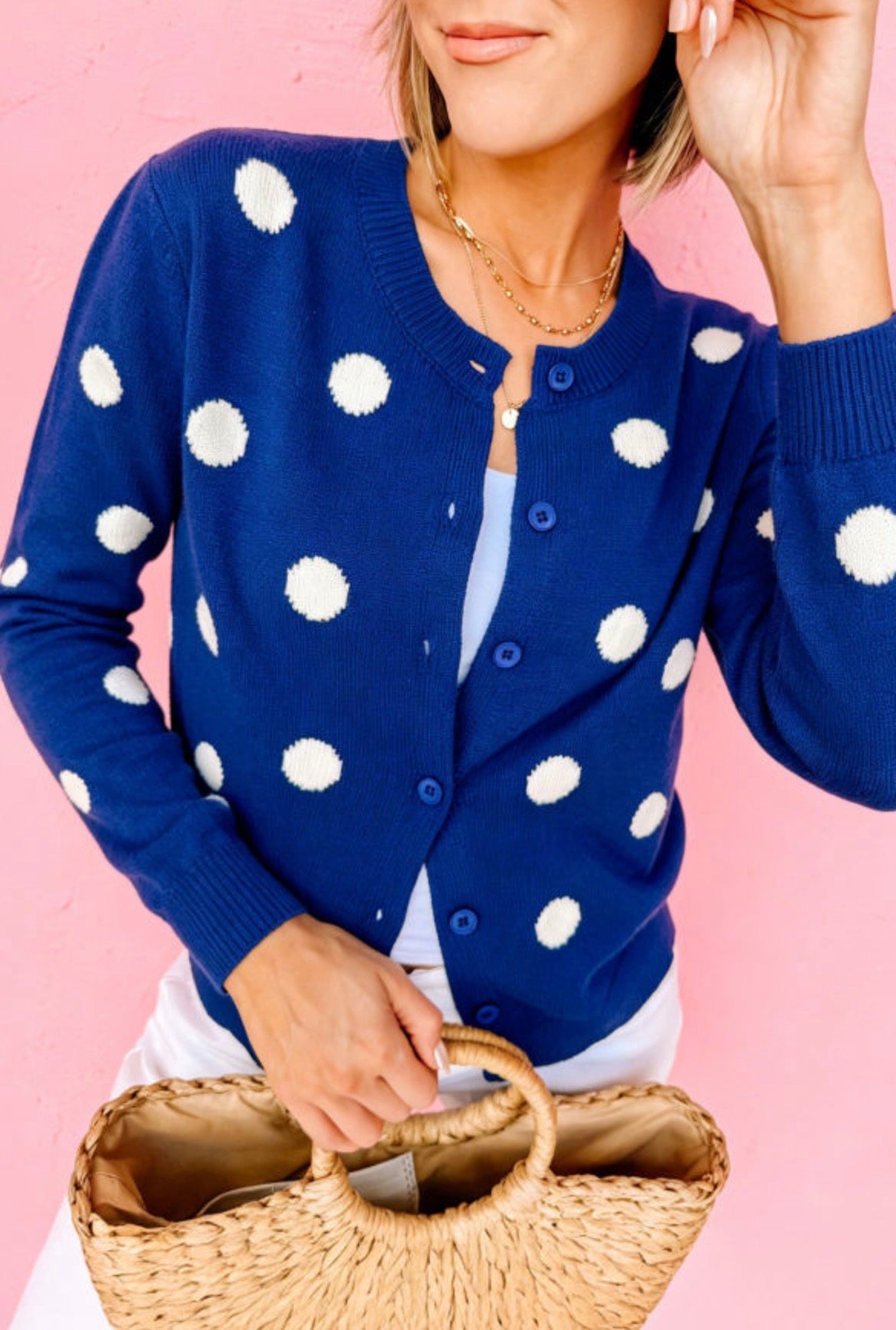 #1145 Casual Polka Dot Button Front Long Sleeve Sweater Cardigan