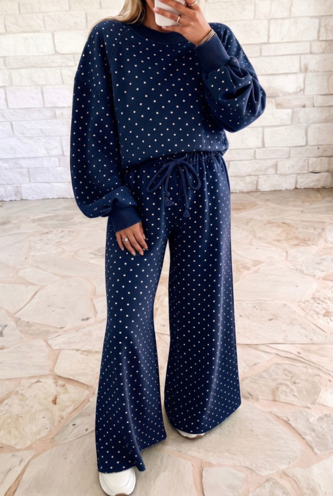 #1147 Blue Polka Dot Drawstring Wide Leg Long Sleeve Top Pant Set