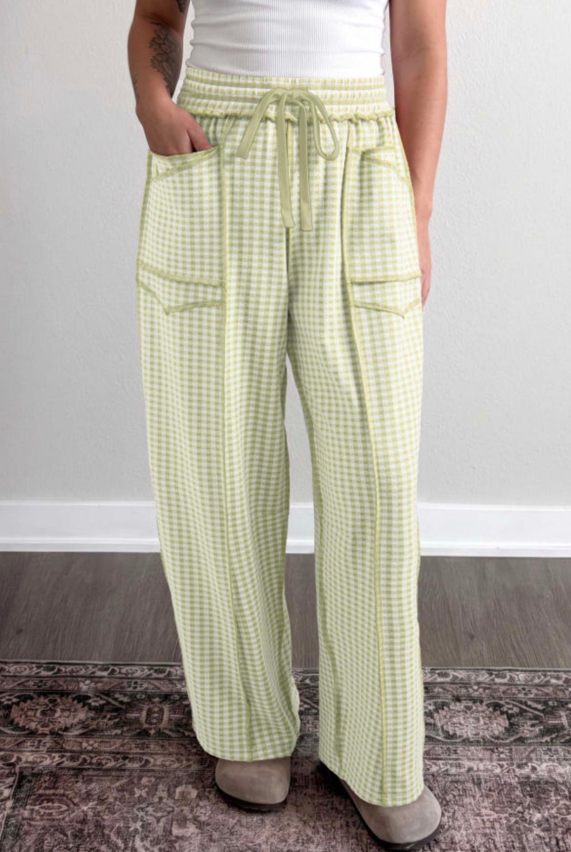 #1153 Plaid Contrast Trim Drawstring Elastic Waist Shift Pants