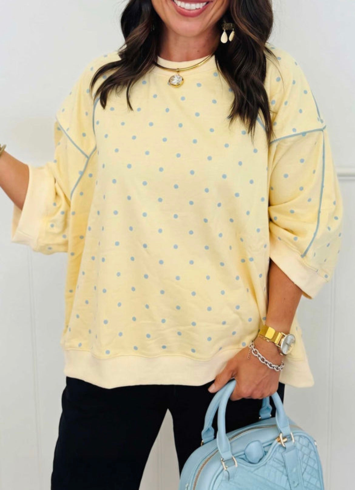 #1146 Polka Dot Print Piping Trim 3/4 Sleeve Relaxed Top