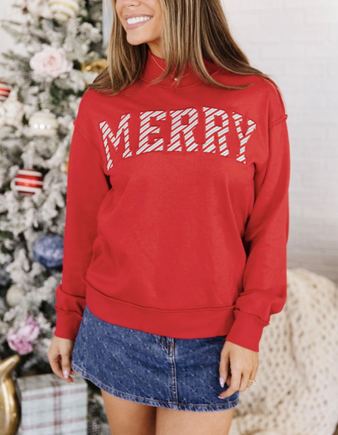 #1199 Merry Embroidered Mock Neck