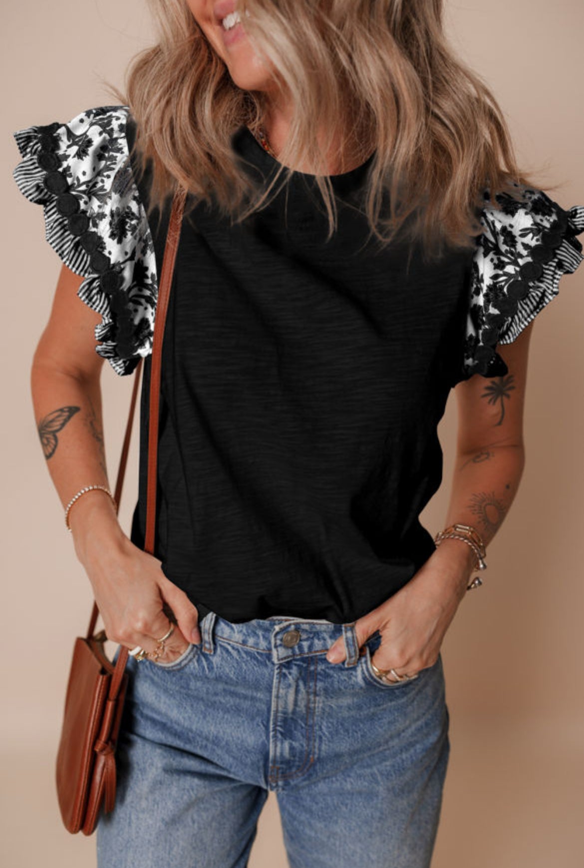 #442 Ricrac Trim Printed Flutter Sleeve Contrast Patchwork Blouse