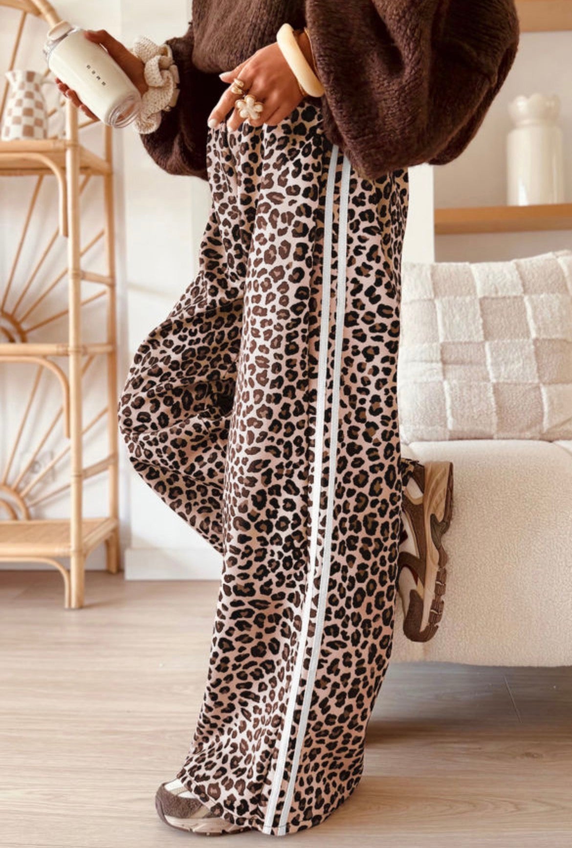 #1200 Beige Leopard Print Side Striped Detail Casual Wide Leg Pants