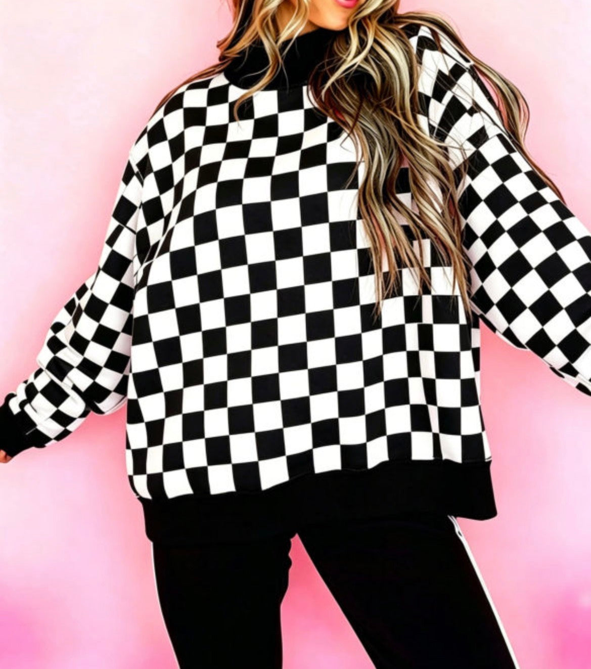 #1202 Black Checkerboard/ GAMEDAY Reversible Mock Neck Baggy Sweatshirt