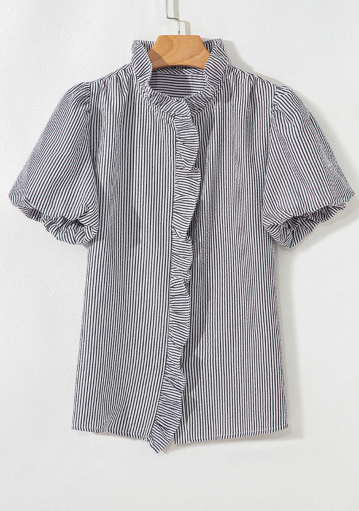 #447 Striped Ruffle Short Bubble Sleeve Shirt