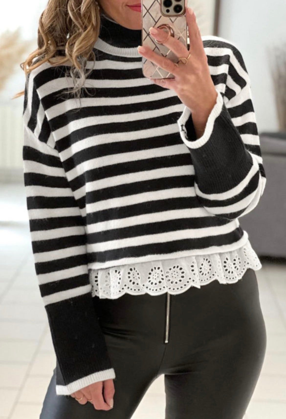 #1206 Black Striped Mock Neck Contrast Ruffle Detail Casual Sweater