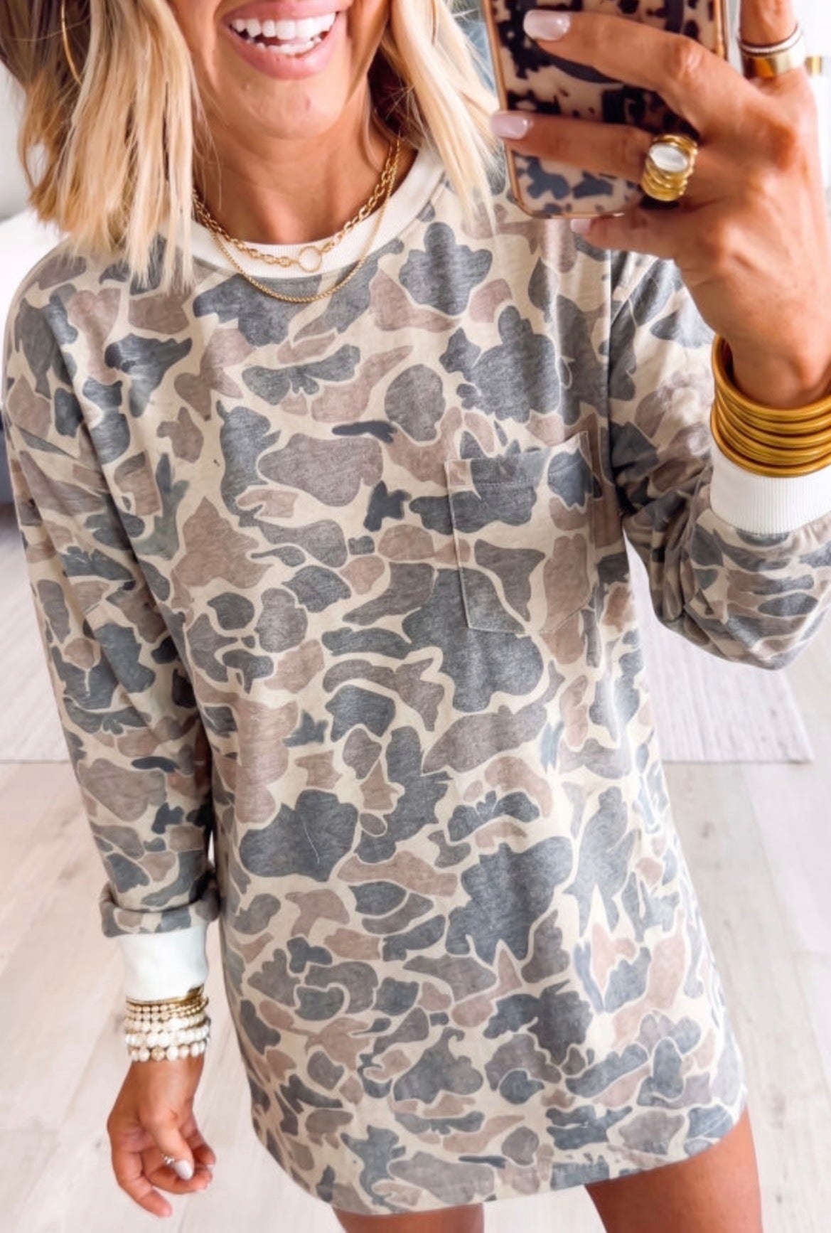 #1207 Camo Print Long Sleeve Pocket Mini Dress