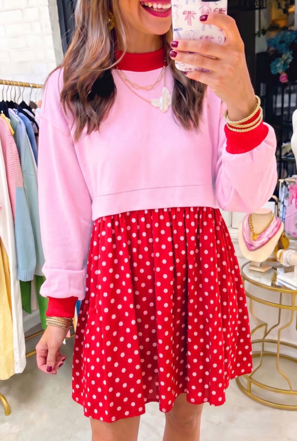 #1213 Pink/Red Long Sleeve Polka Dot Contrast Pleated Mini Dress