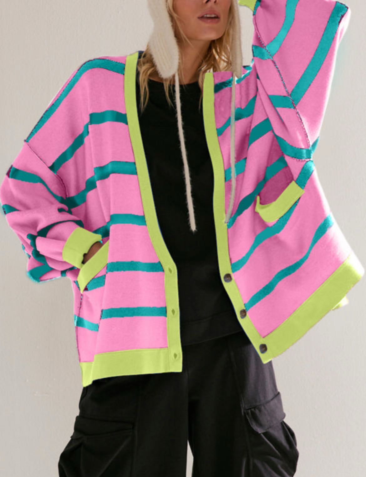 #489 Colorblock Drop Shoulder Buttoned Loose Cardigan