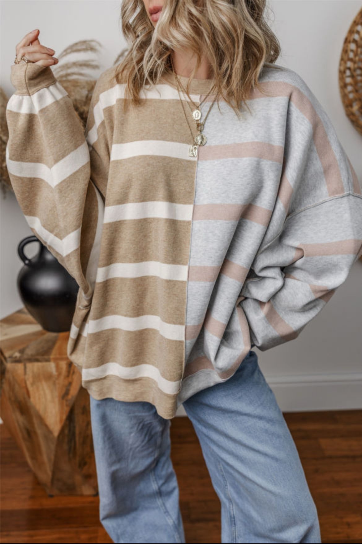 #482 Khaki Stripe Colorblock Oversized Sweater