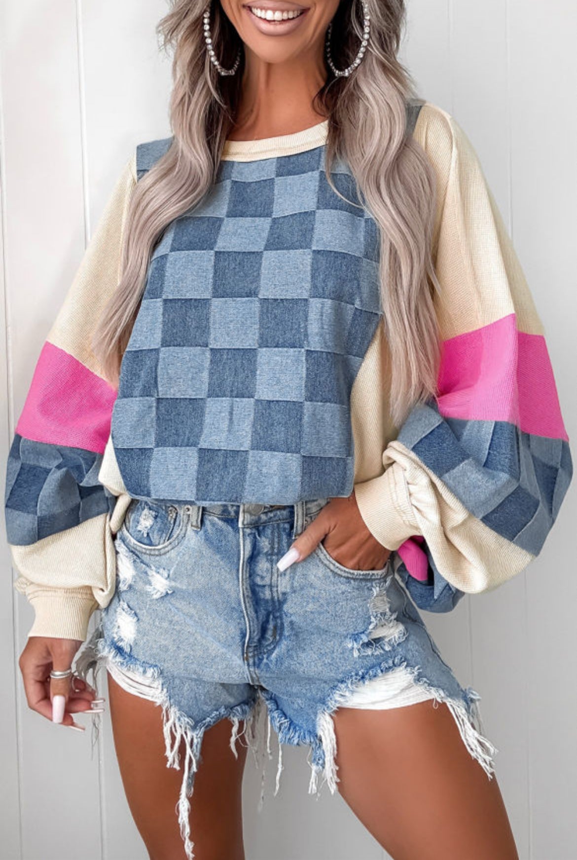 #476 Sky Blue Oversized Checkered Denim Exposed Seam Patchwork Casual Sweatshirt