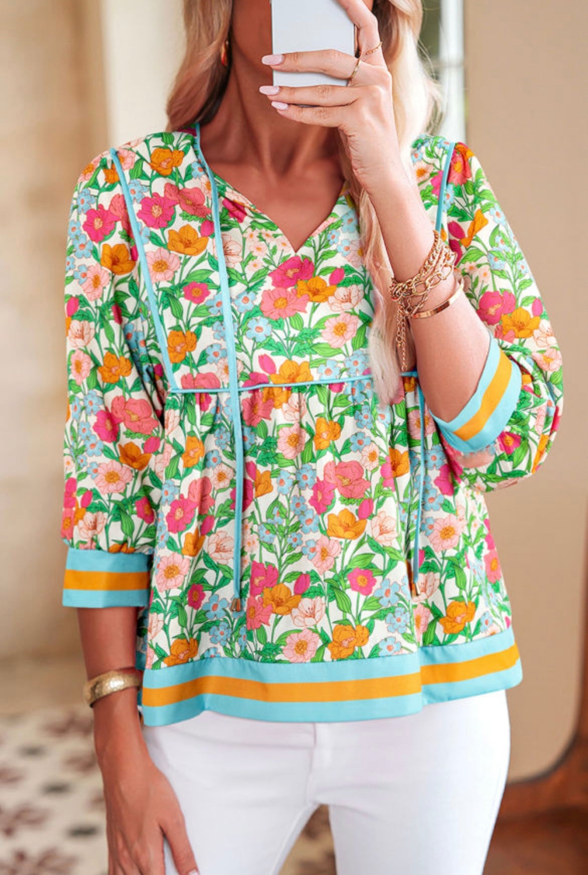 #473 Green Floral Print Striped Trim Tie Neck Puff Sleeve Babydoll Blouse