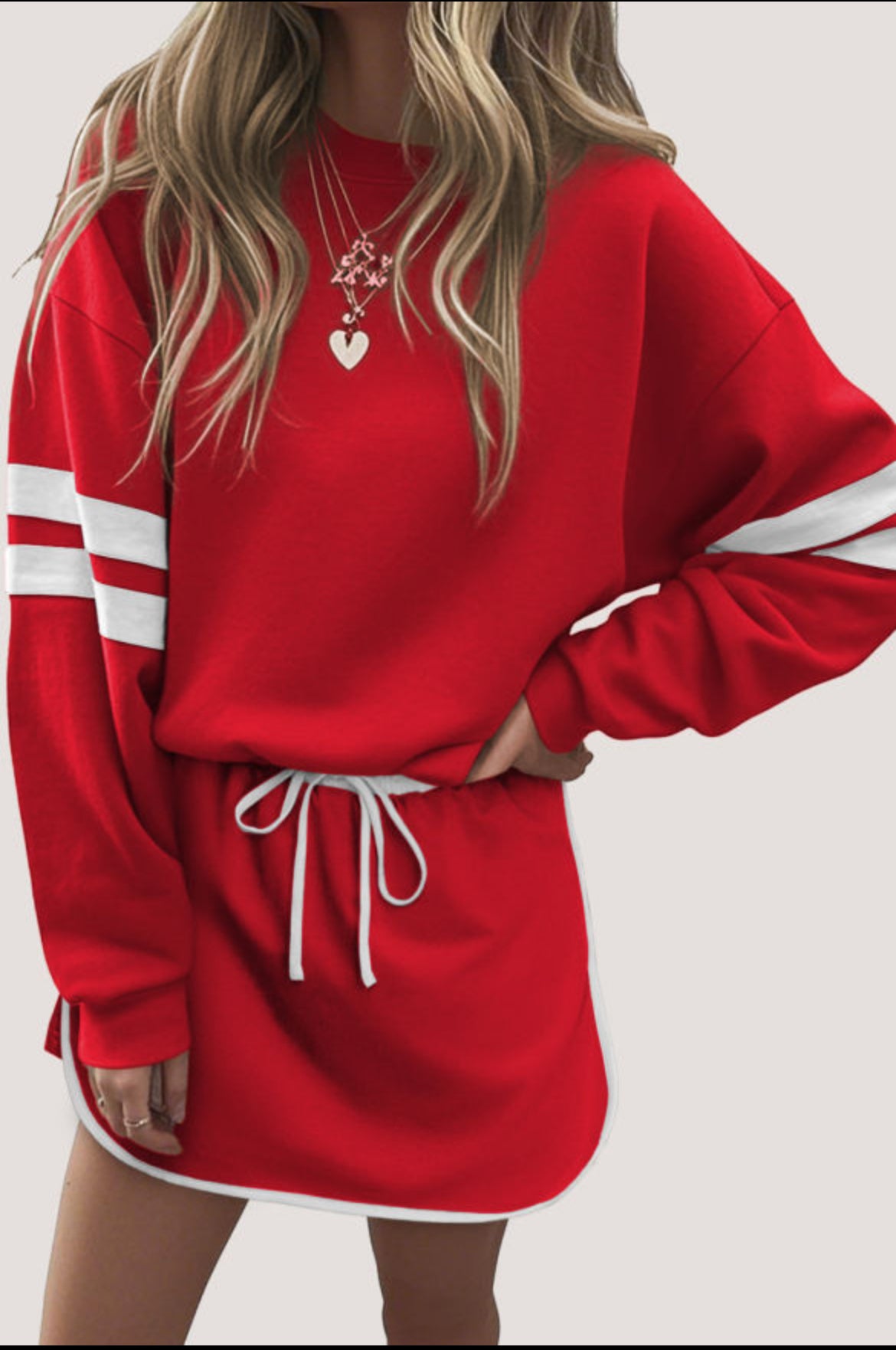 #488 Varsity Stripe Detail Drop Shoulder Pullover Mini Skirt Set