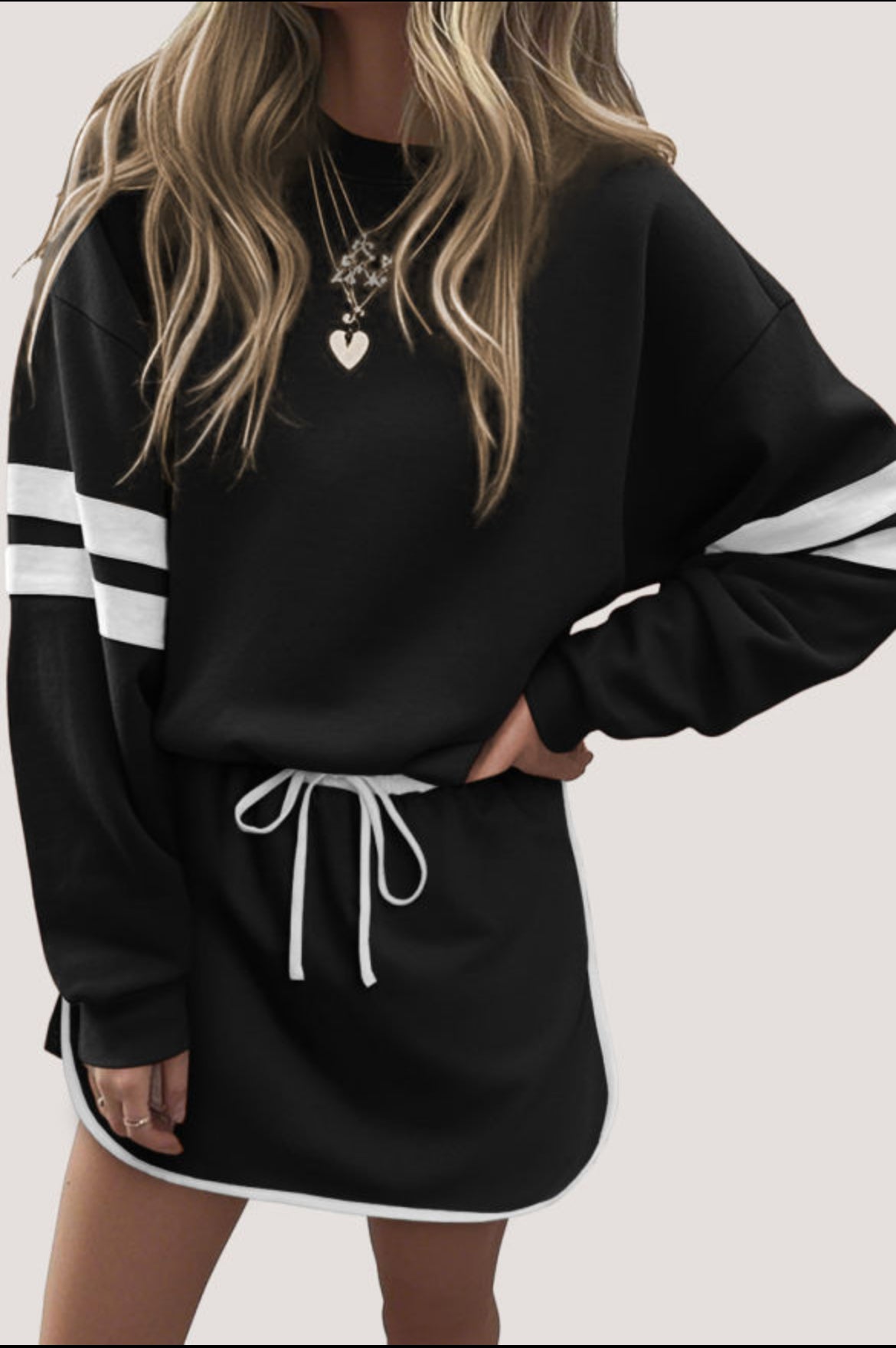 #488 Varsity Stripe Detail Drop Shoulder Pullover Mini Skirt Set