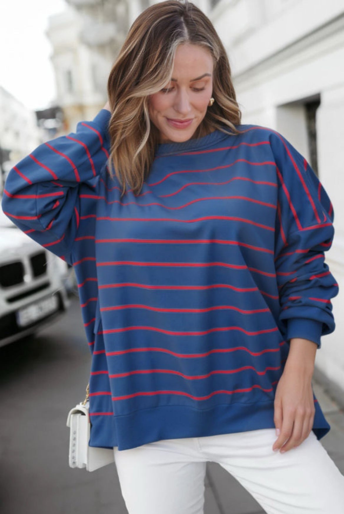 #486 Blue Stripe Stylish Overlap Detail Drop Shoulder Pullover Sweatshirt