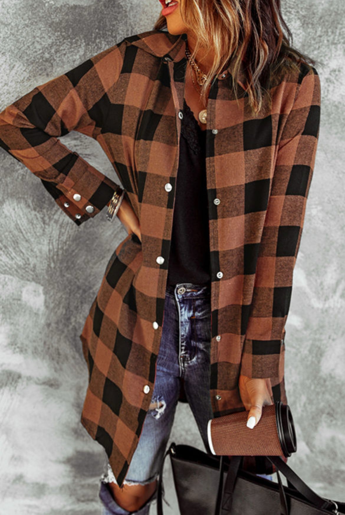 #487 Brown Turn-down Collar Plaid Shirt Coat