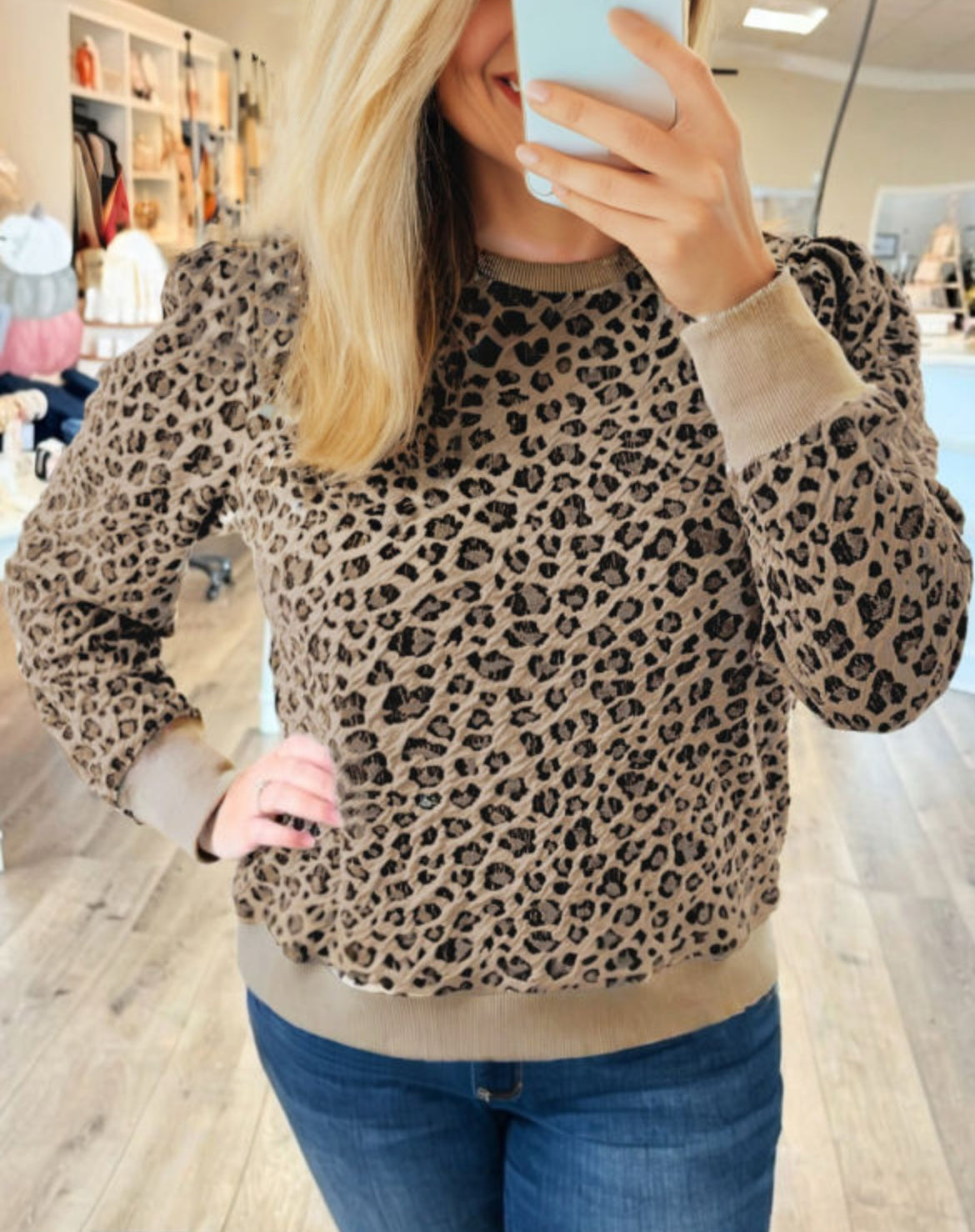 #529 Ribbed Trim Leopard Print Long Sleeve Top