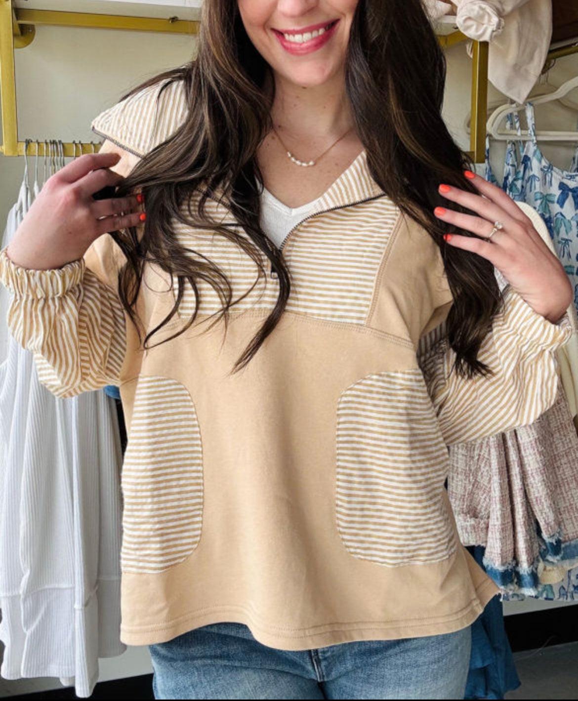 #534 Smoke Gray Quarter Zip Striped Patchwork Drop Shoulder Loose Long Sleeve Top