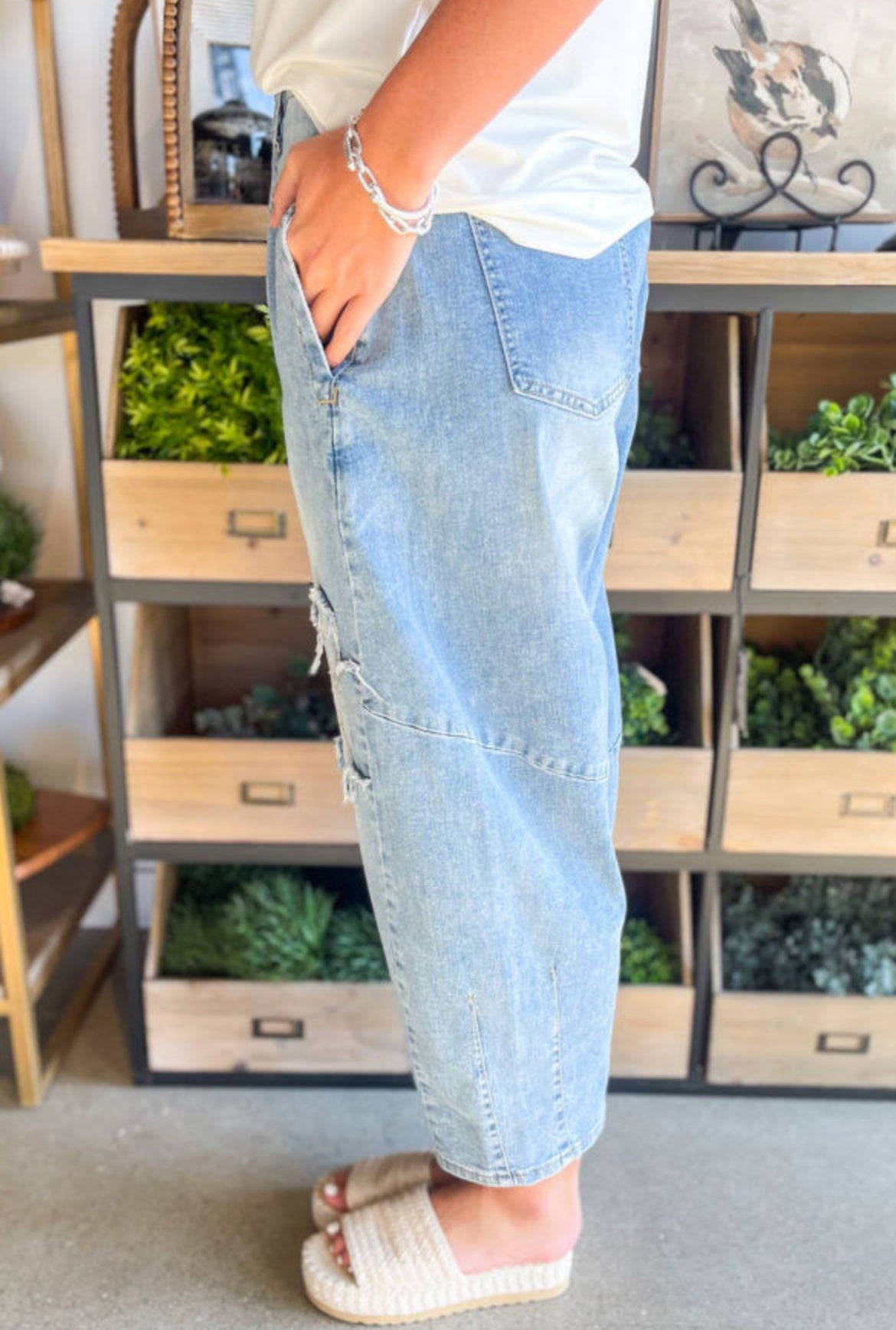 #518 Beau Blue Flower Patched Light Wash Cropped High Waist Jeans