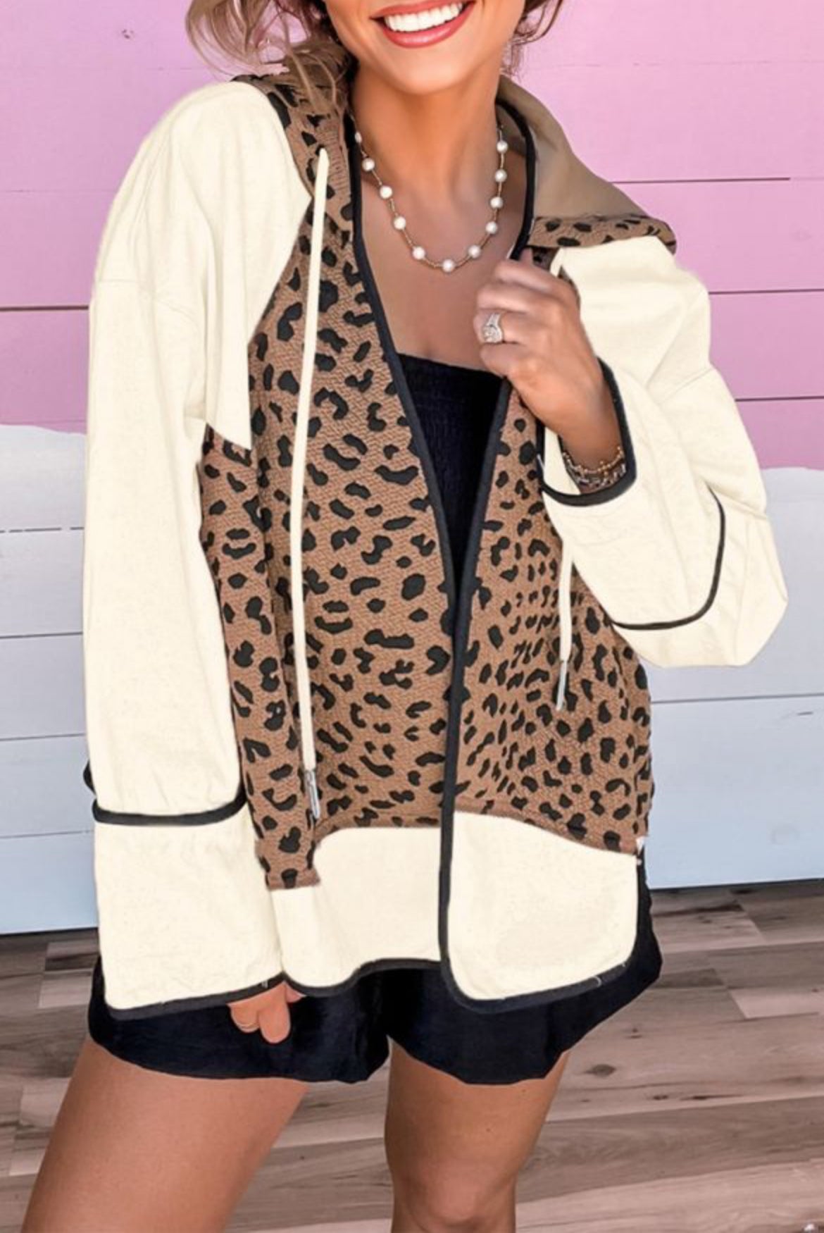 #480 Brown Leopard Star Hooded Patchwork Contrast Piping Open Front Jacket