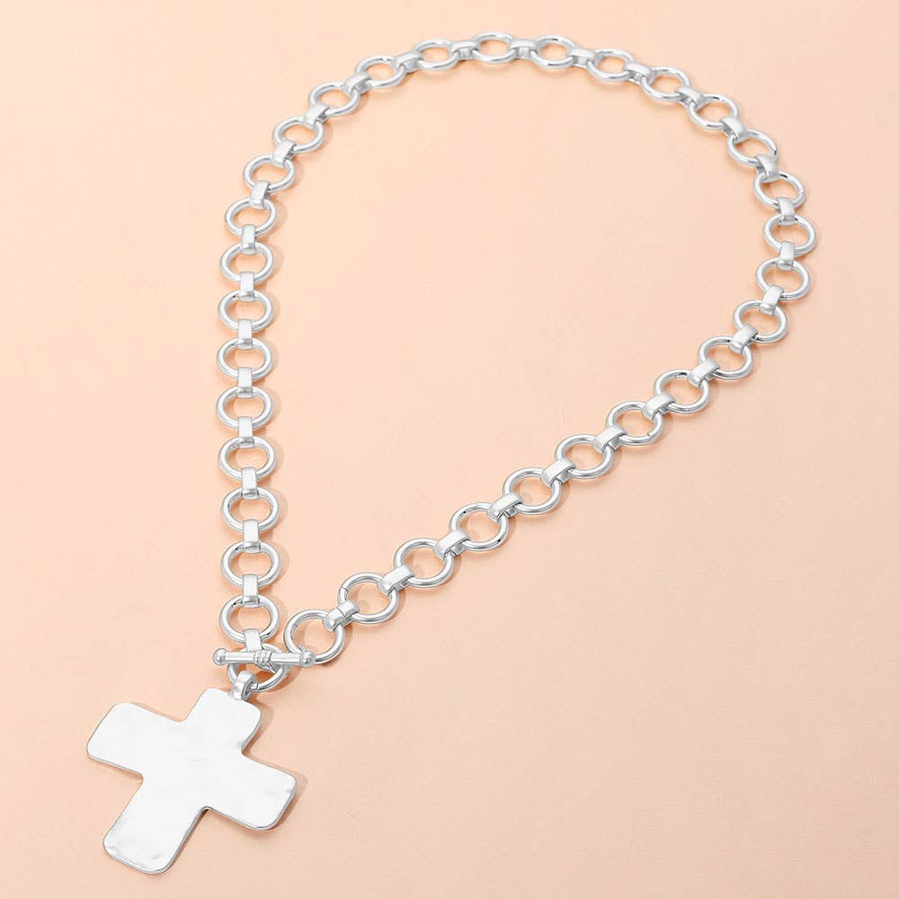 #465 Hammered Matte Metal Cross Pendant Chunky Chain Toggle Necklace