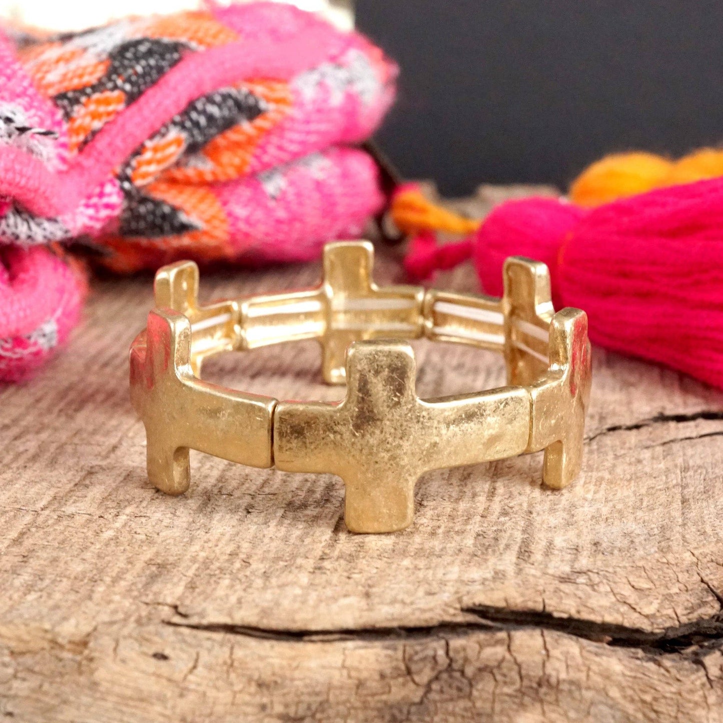 #402 Hammered Sideways Cross Bracelet in Worn Silver Gold Tone Boho Style