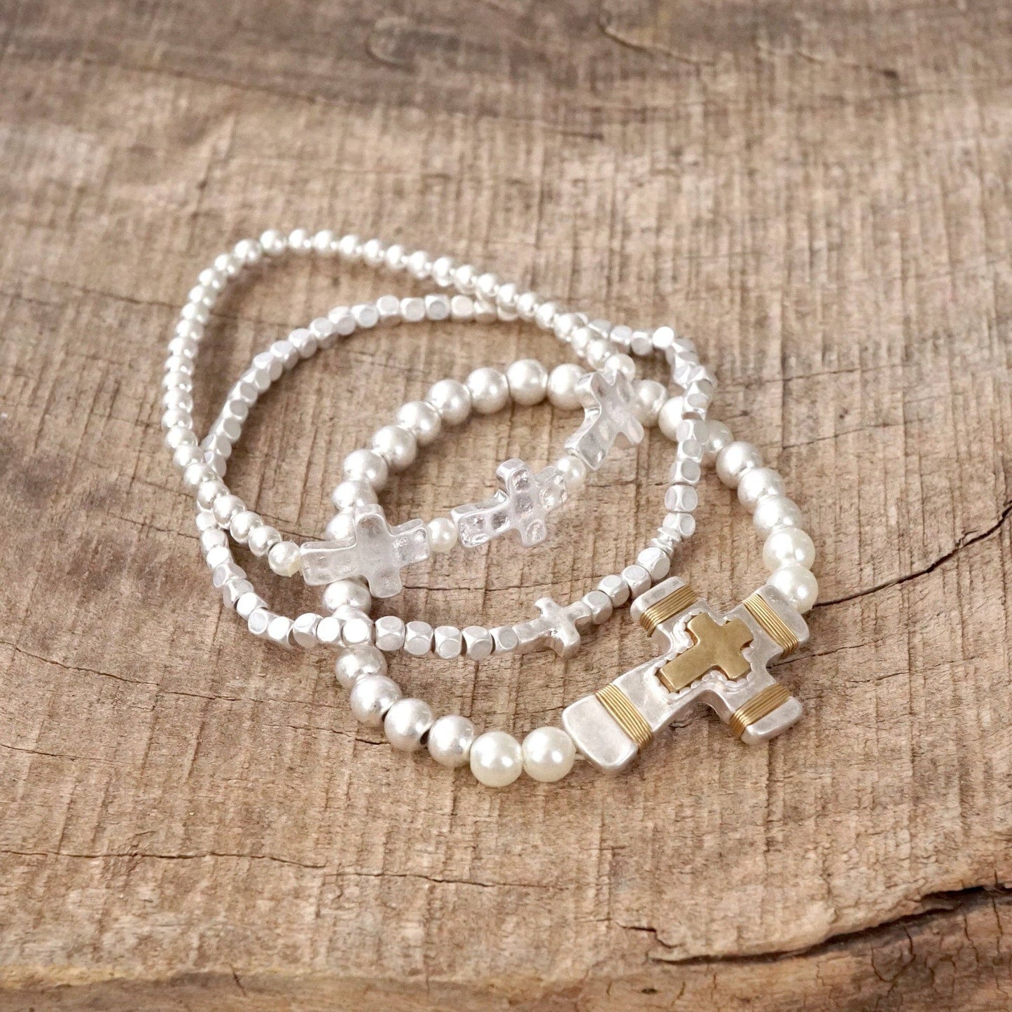 #397 Cross bracelets set in Worn Silver tone boho style