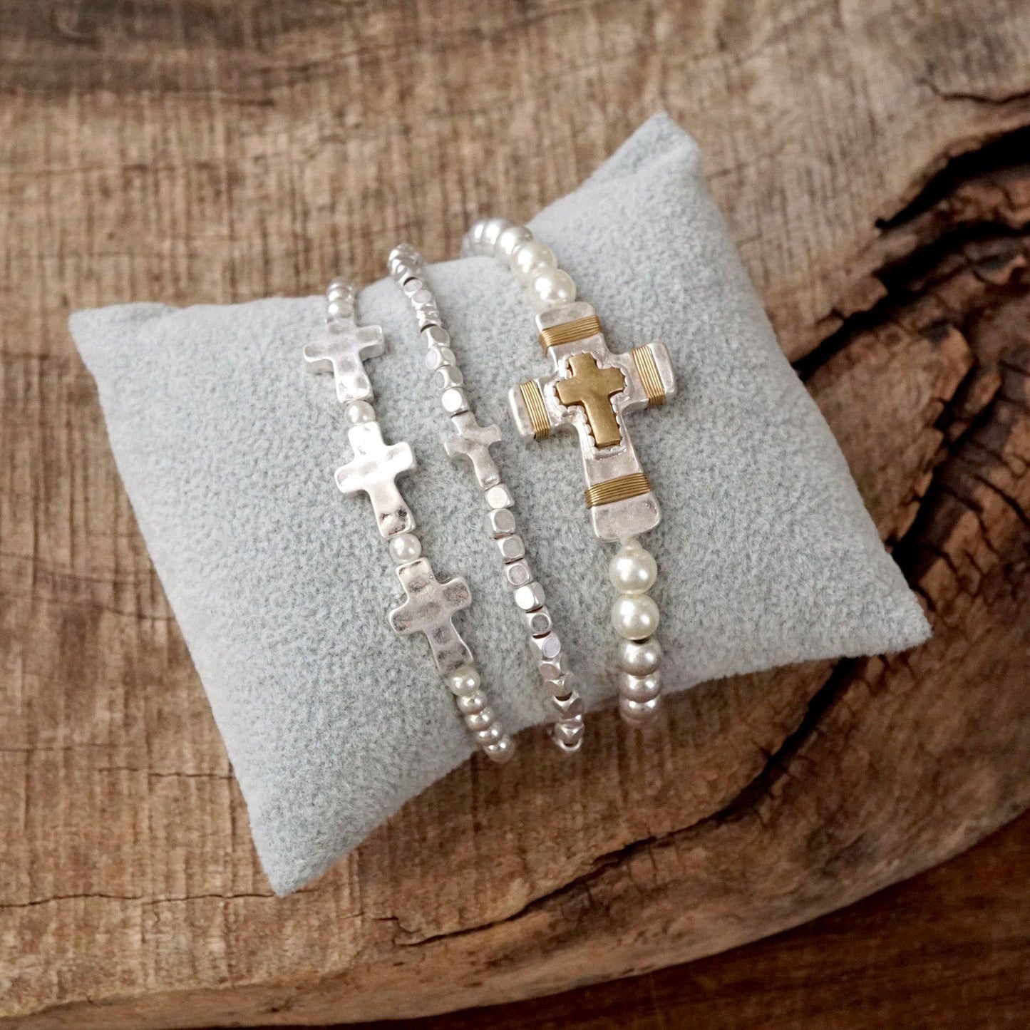 #397 Cross bracelets set in Worn Silver tone boho style