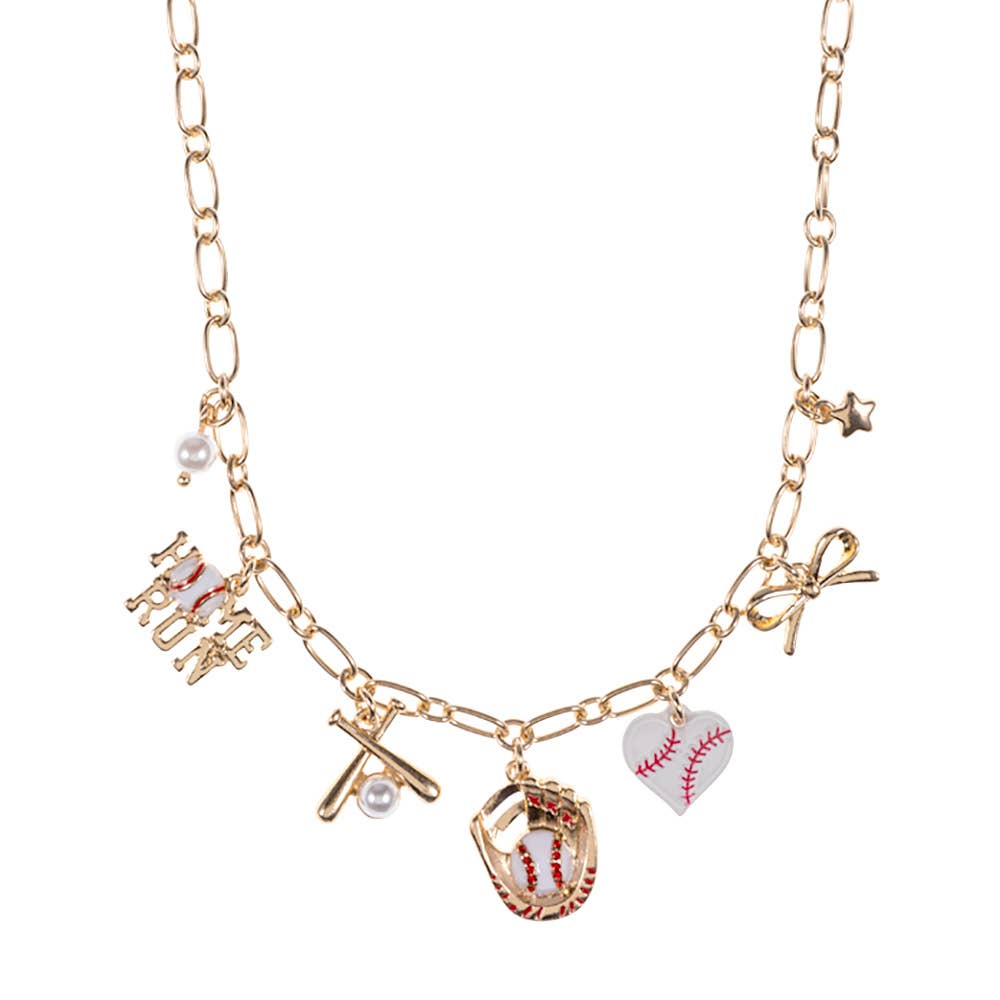 #473 Baseball Pearl Bow Charm Necklace