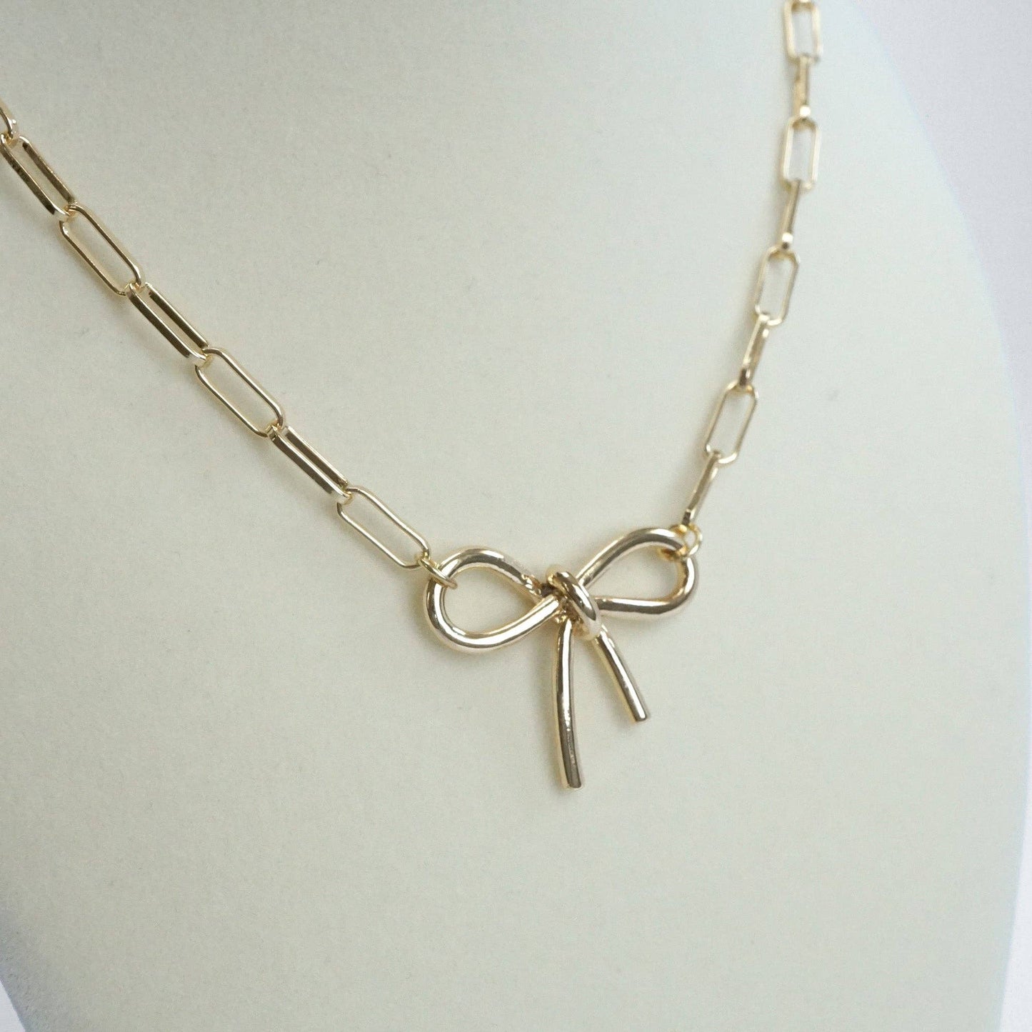 #395 Bow Necklace - Short dainty paperclip chain in gold tone