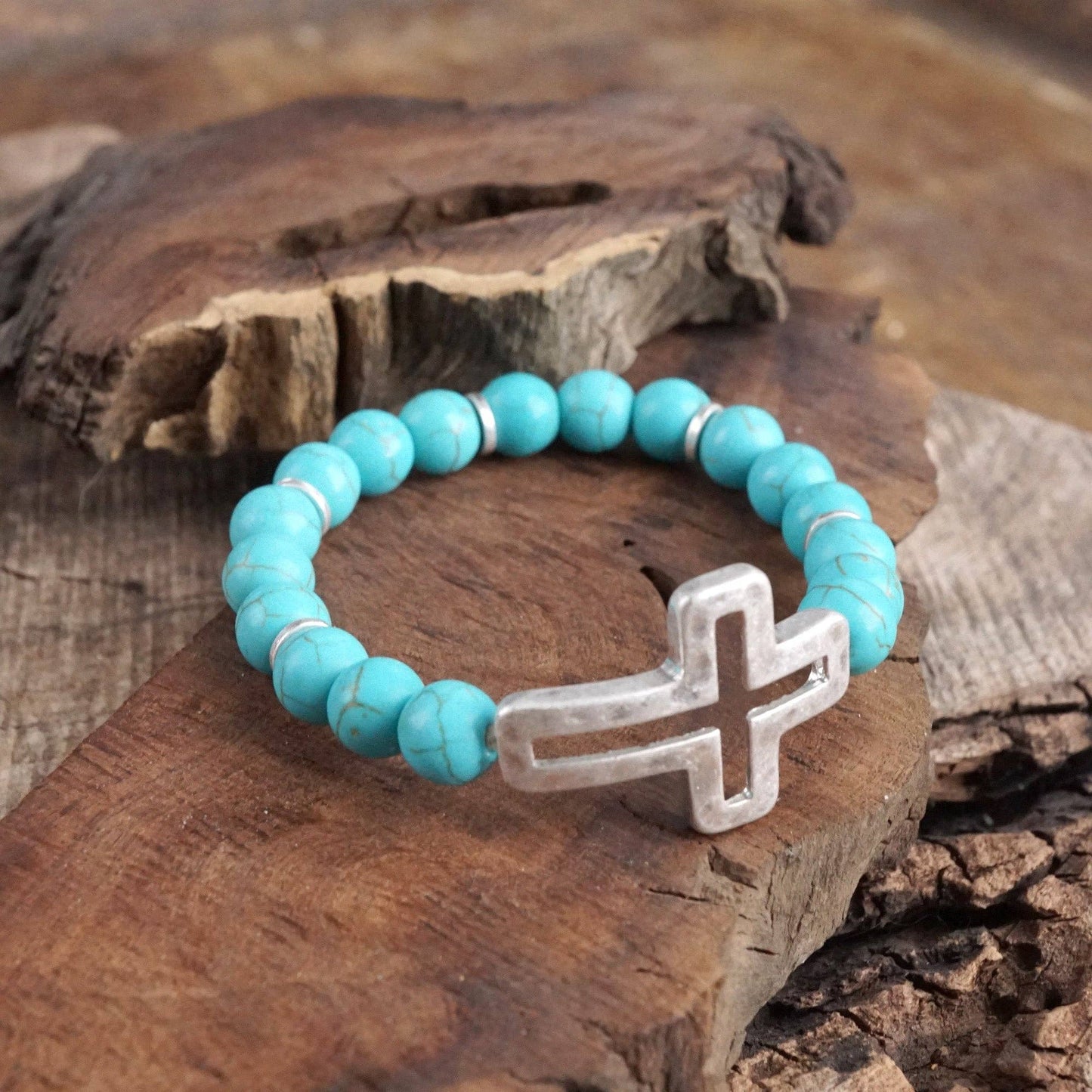 #398 Cross bracelet with Turquoise color beads and silver hammered cross