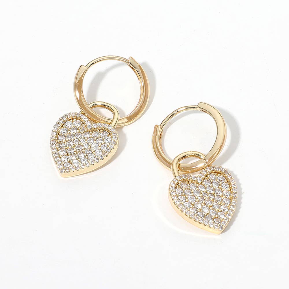 #468 14K Gold Dipped CZ Stone Paved Heart Drop Huggie Earrings