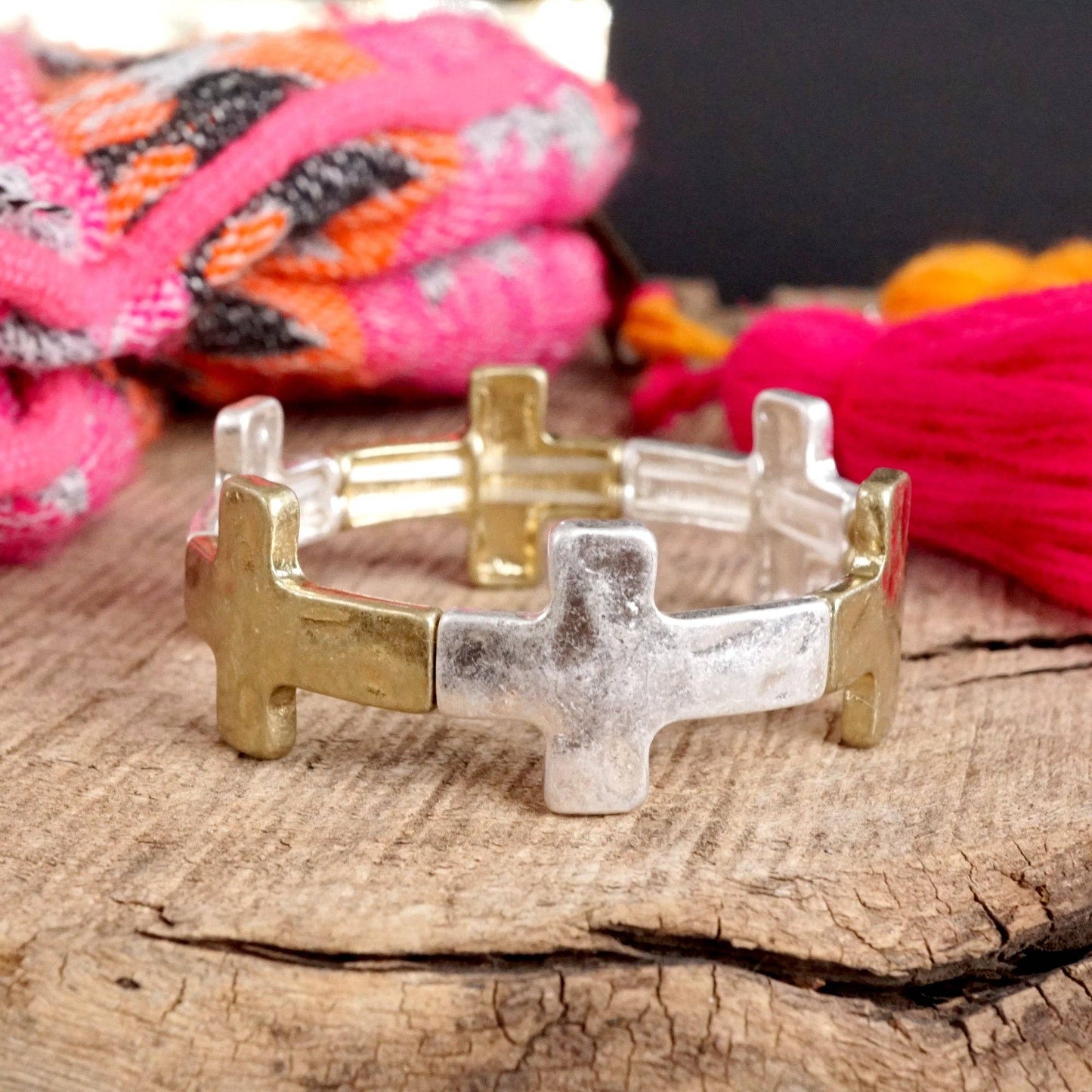 #402 Hammered Sideways Cross Bracelet in Worn Silver Gold Tone Boho Style