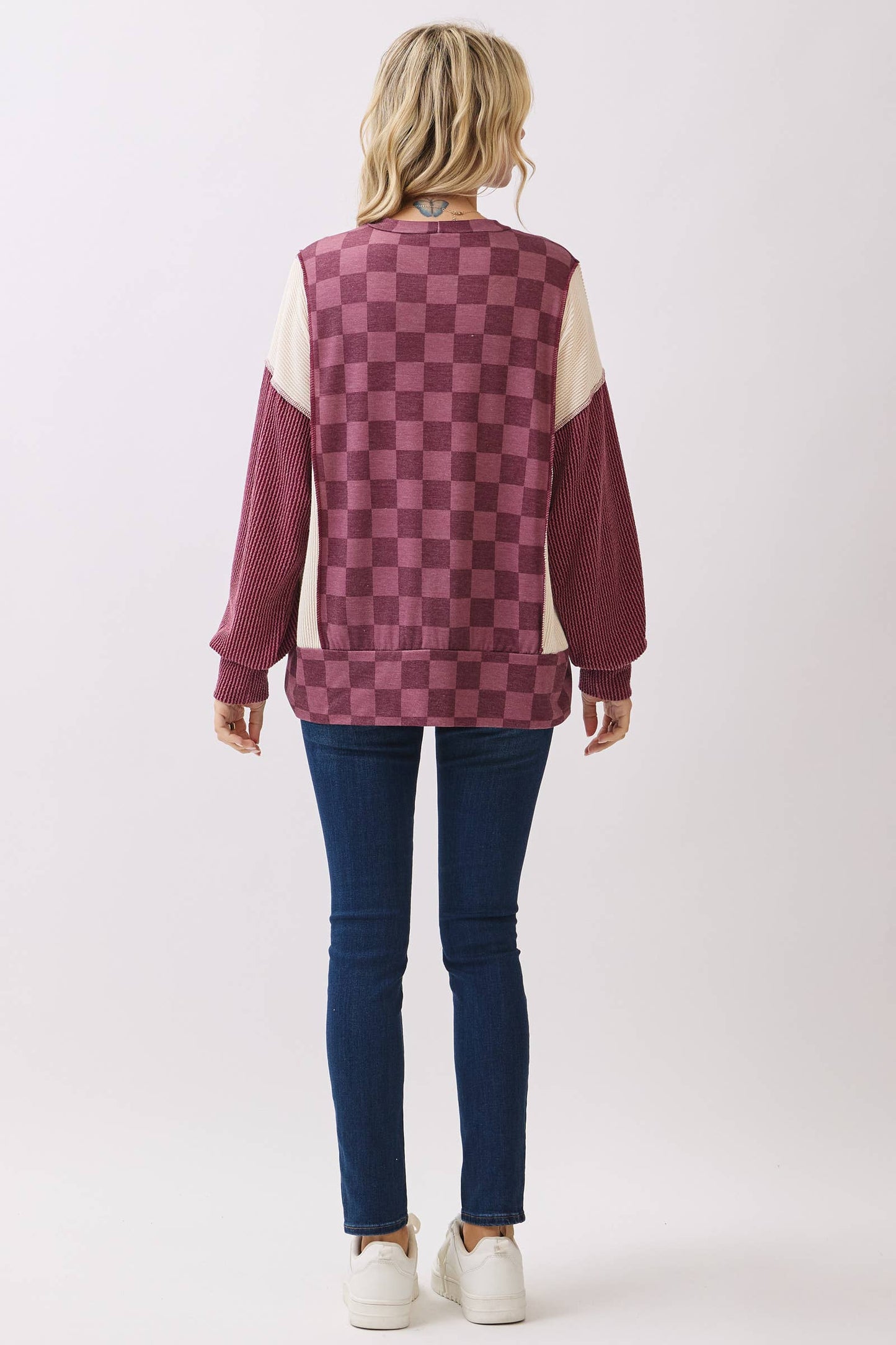 #718 Checkered Print Long Sleeve Pullover Top T6110