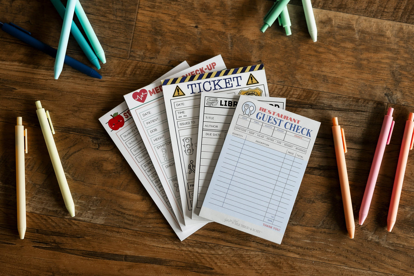 #152 Doctor, Restaurant, Librarian, Police Officer and Teacher - Set of 5 Pretend Play Notepads