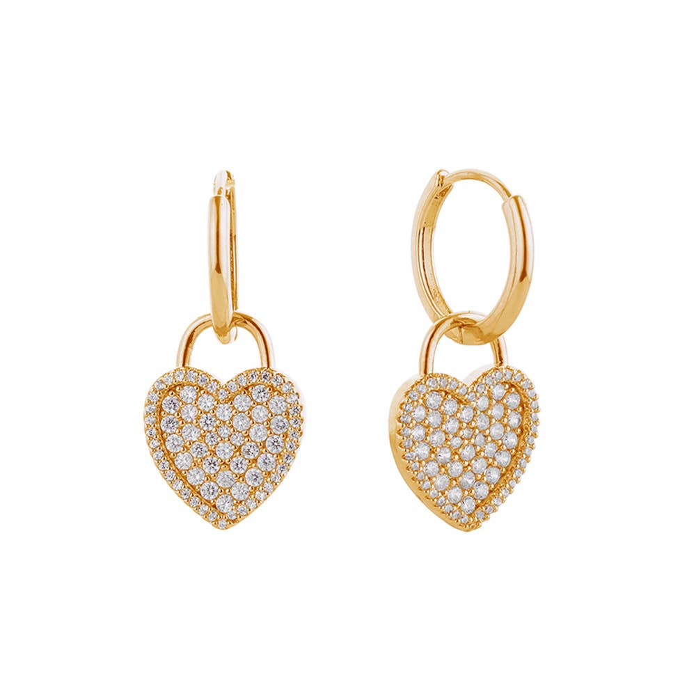 #468 14K Gold Dipped CZ Stone Paved Heart Drop Huggie Earrings