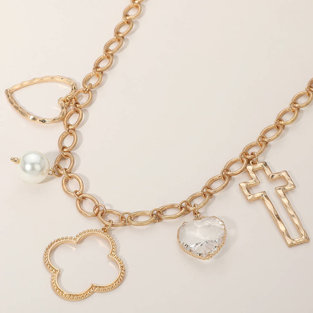 #467 Open Quatrefoil Heart Cross Pearl Charm Station Necklace