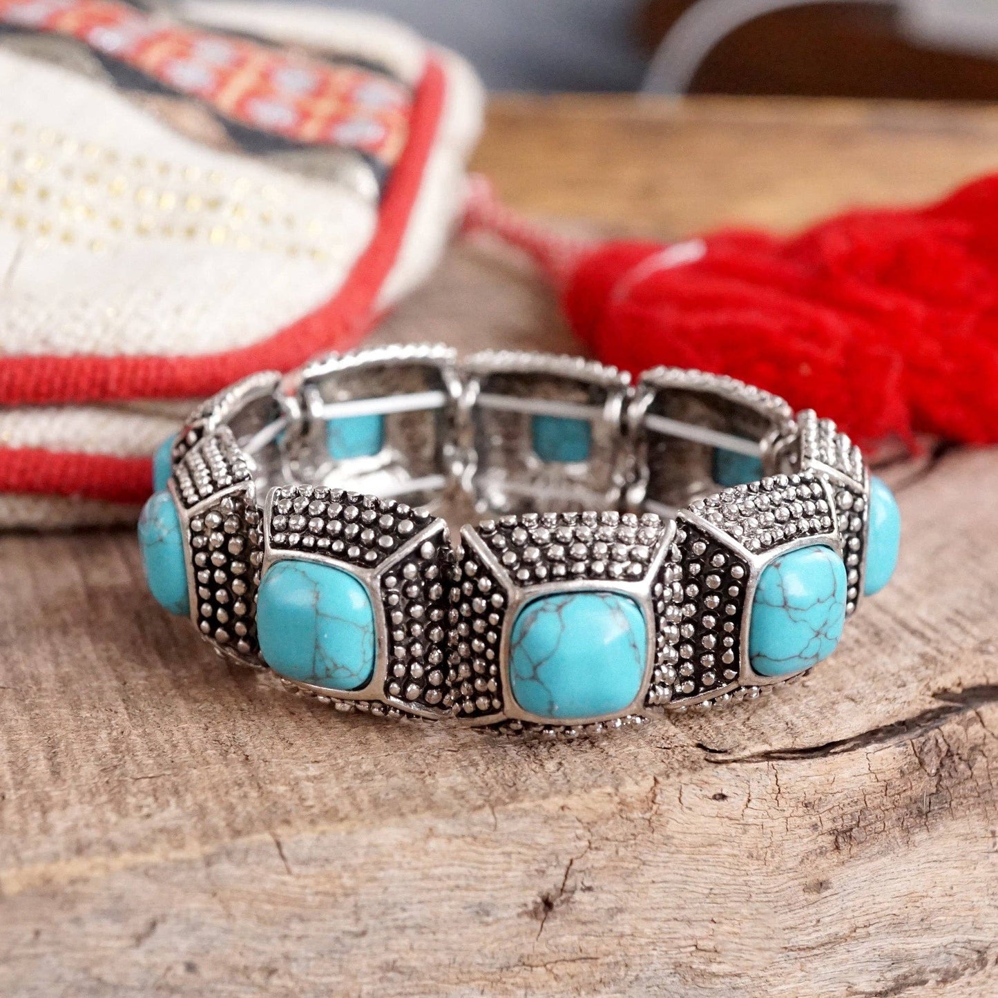 #408 Western Stretchy Bangles – Buffalo Turquoise Flowers in Worn Silver Tone