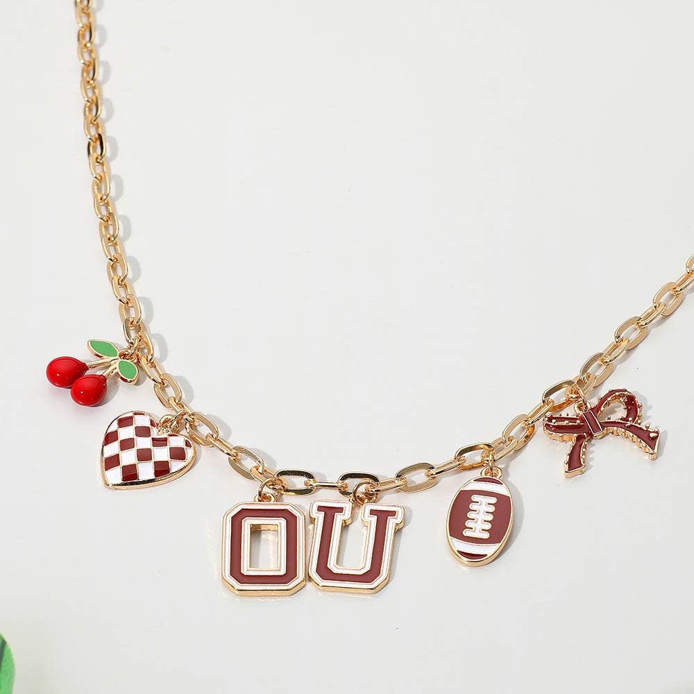 #469 Football Theme Bow Cherry Heart Charm Station Necklace