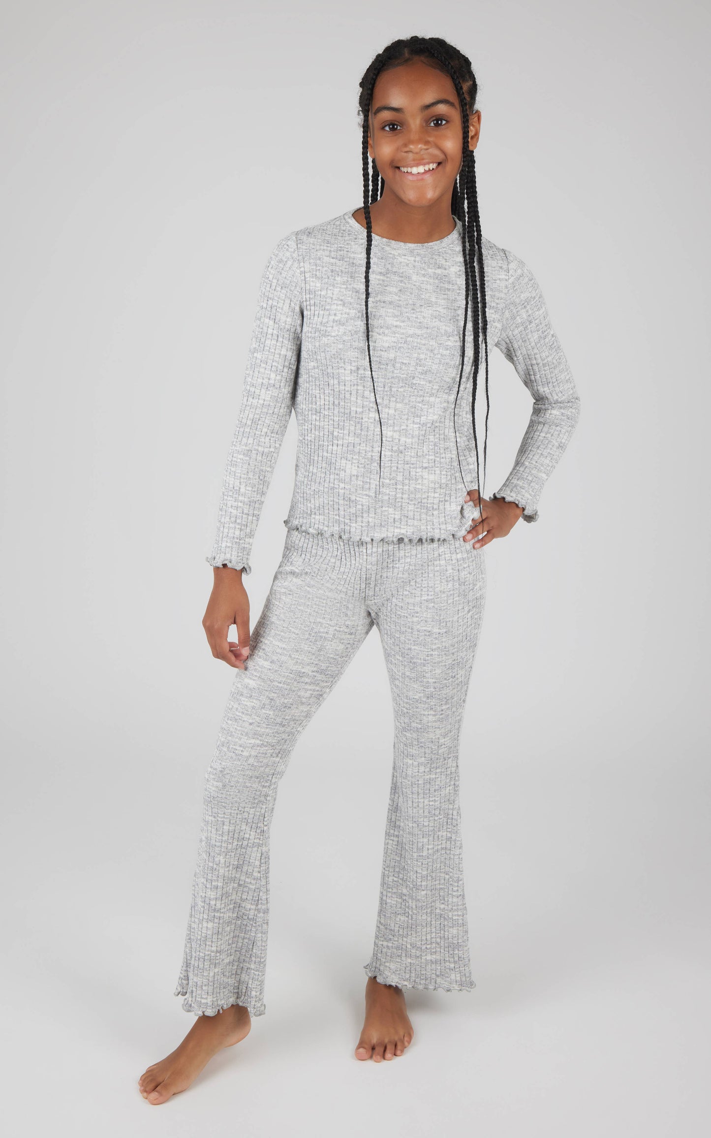 #402 Girls Rib Knit Lettuce Edge Top and Flare Pant - Set