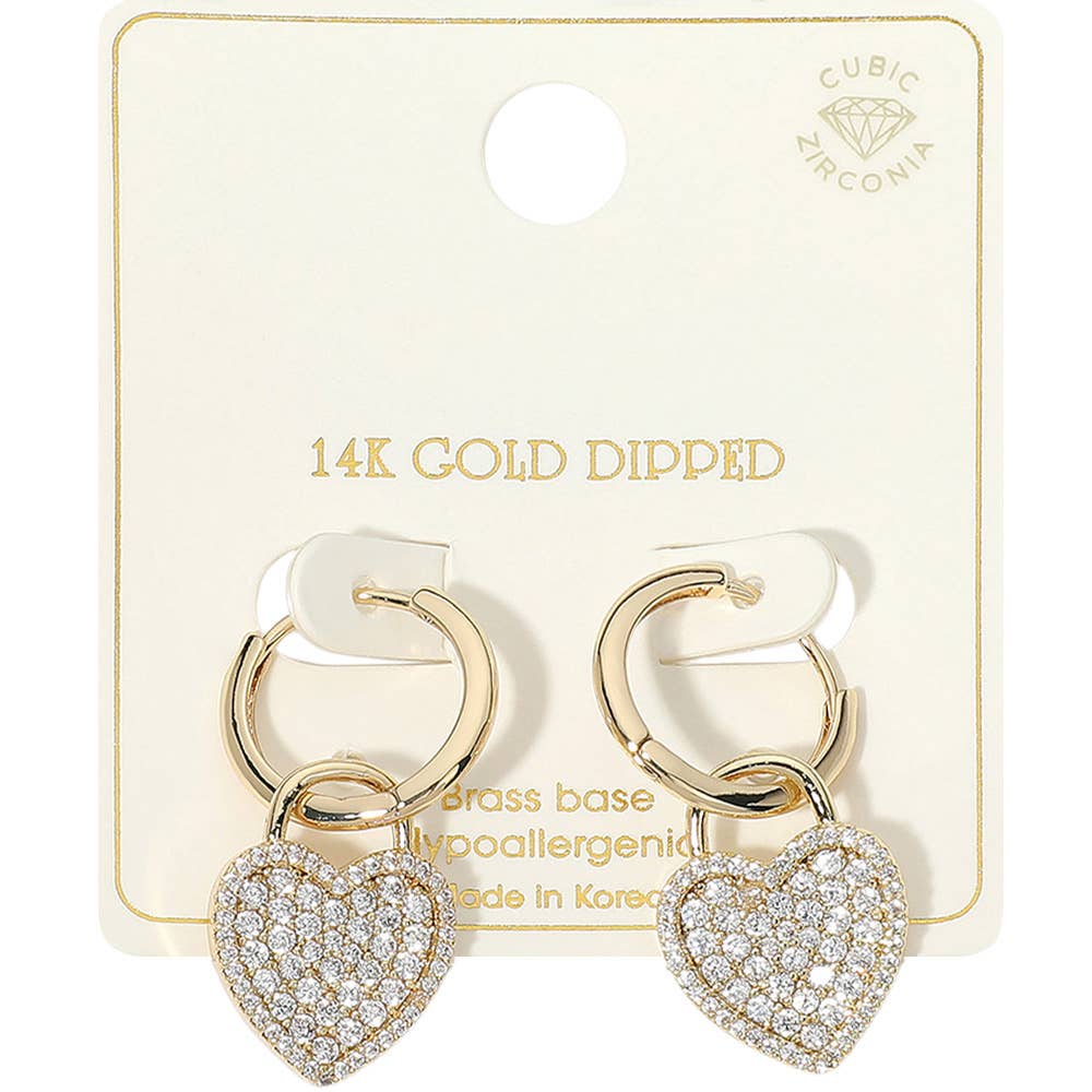 #468 14K Gold Dipped CZ Stone Paved Heart Drop Huggie Earrings
