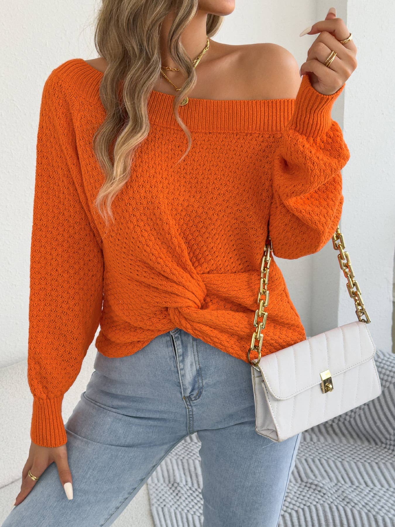#1070 Casual Off-Shoulder Knotted Long-Sleeve Sweater