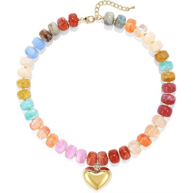 #1033 Resin Bead Necklace with Gold Heart-Shaped Pendant