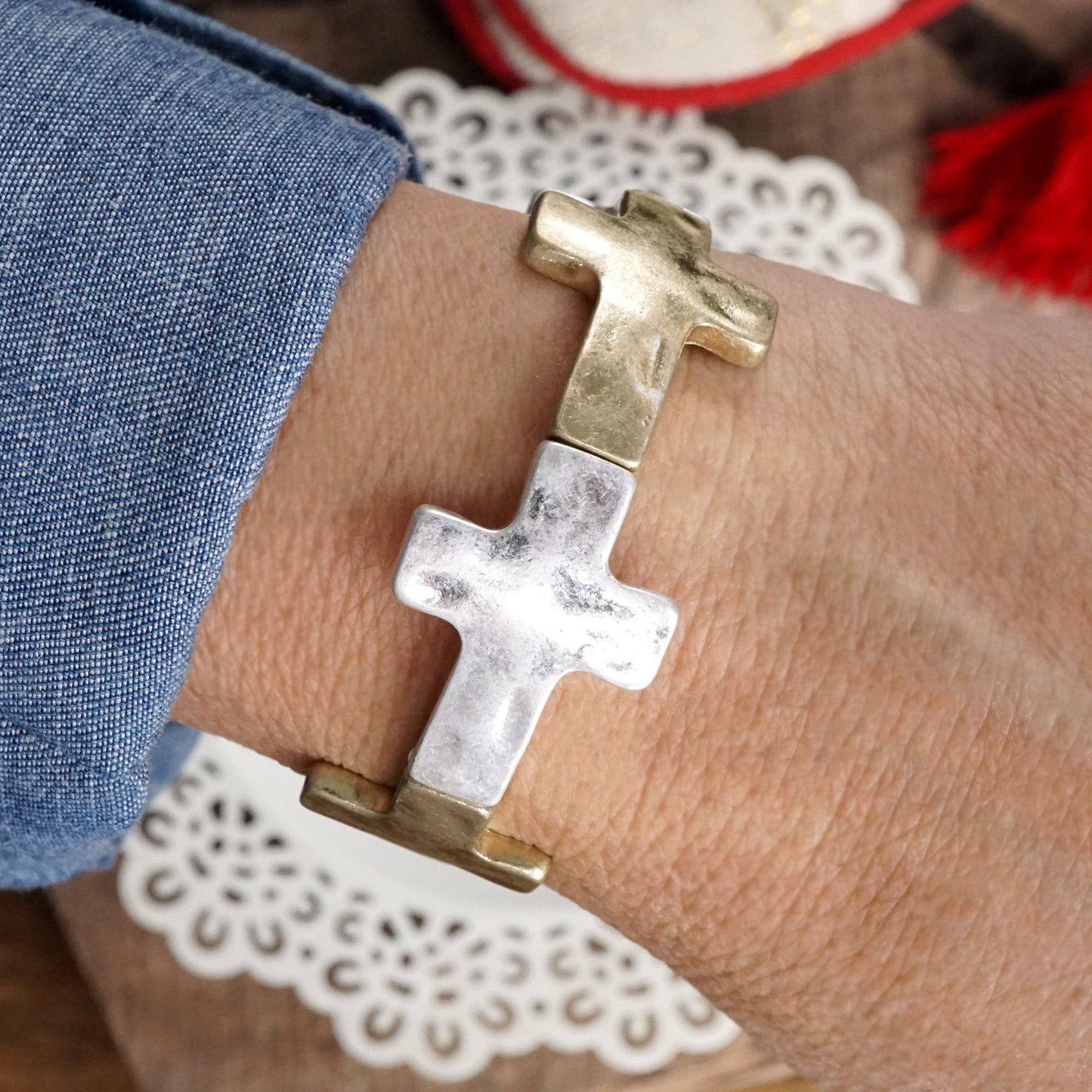 #402 Hammered Sideways Cross Bracelet in Worn Silver Gold Tone Boho Style