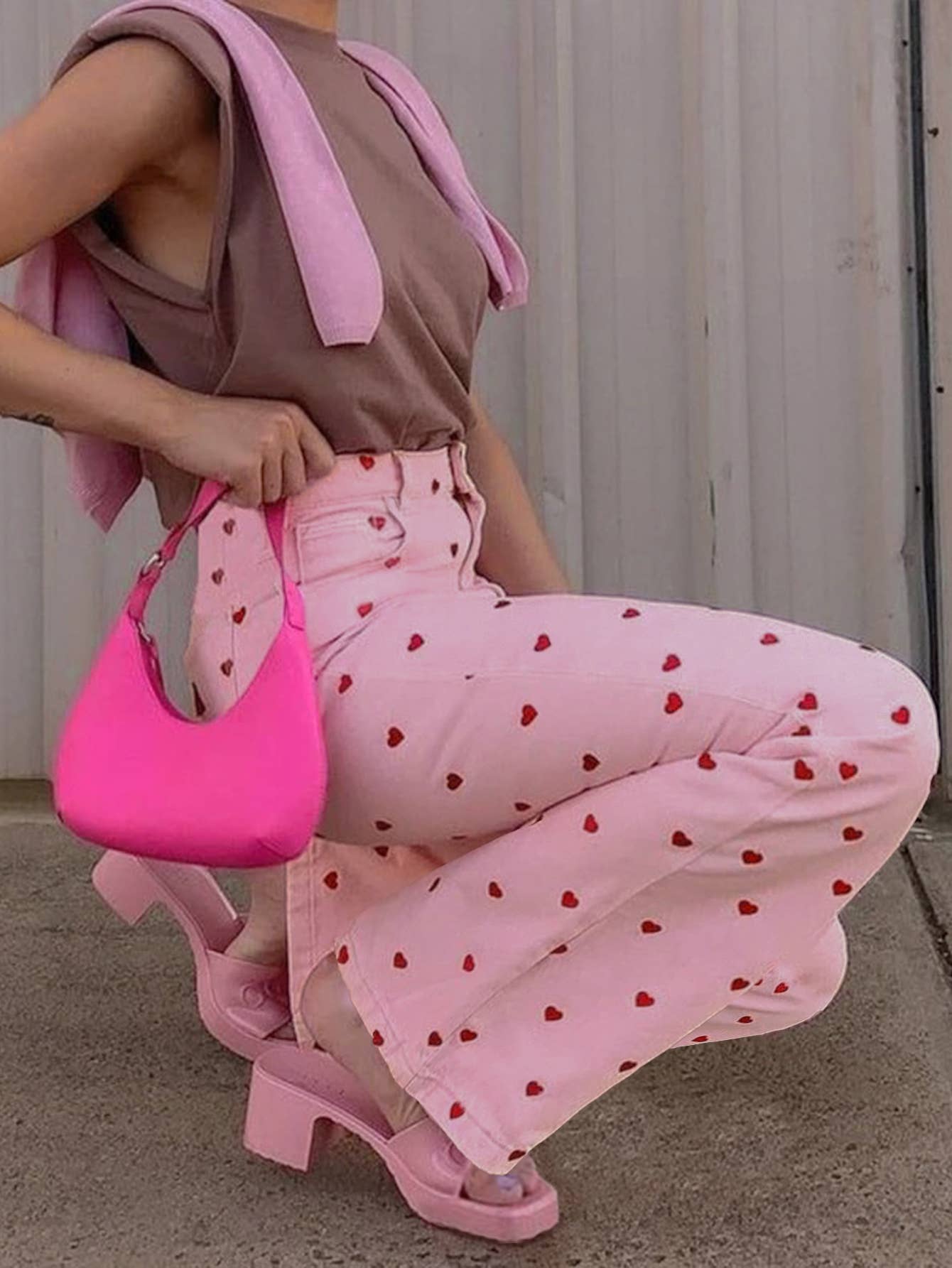 #686 Heart print stretch straight jeans