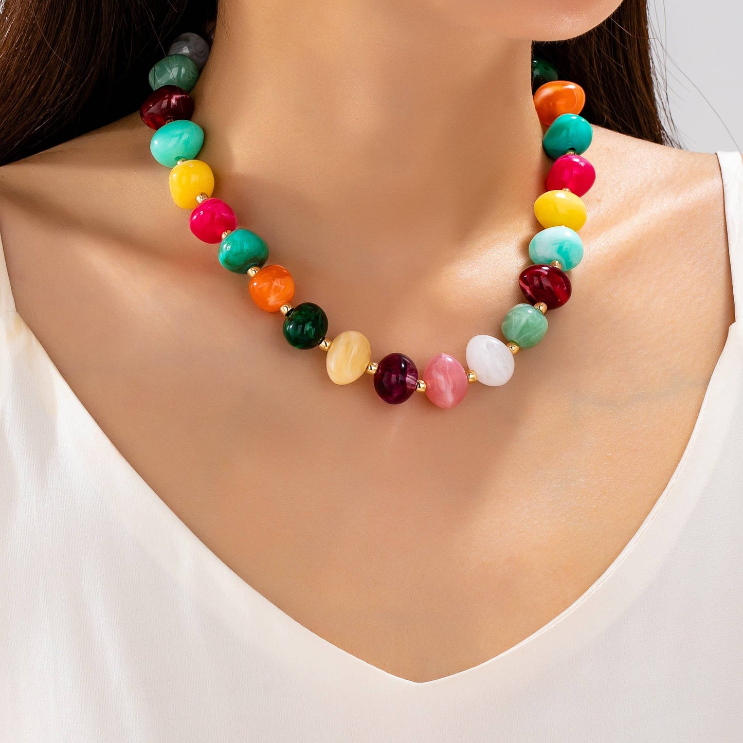 #1092 Multi Colored Resin Pebble Beaded Necklace