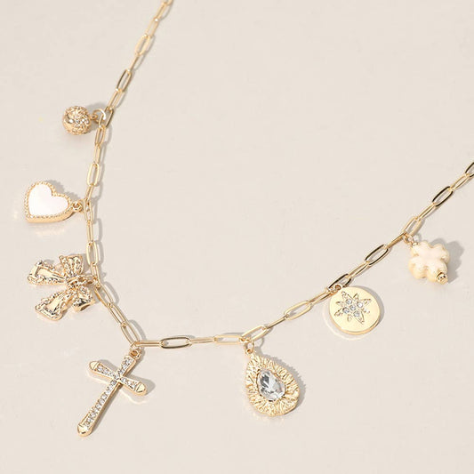 #470 Cross Mother of Pearl Heart Clover Bow Charm Chain Necklace