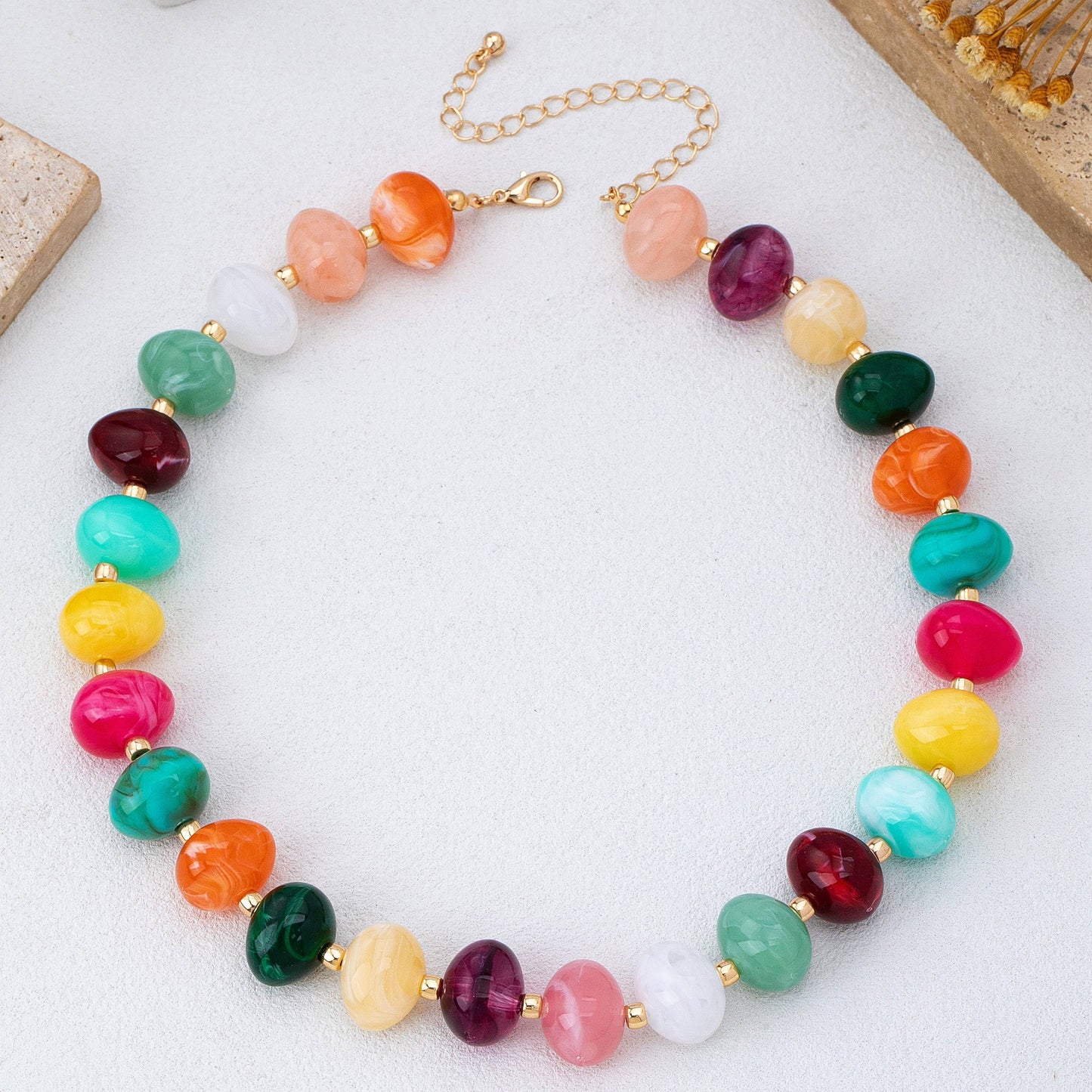 #1092 Multi Colored Resin Pebble Beaded Necklace