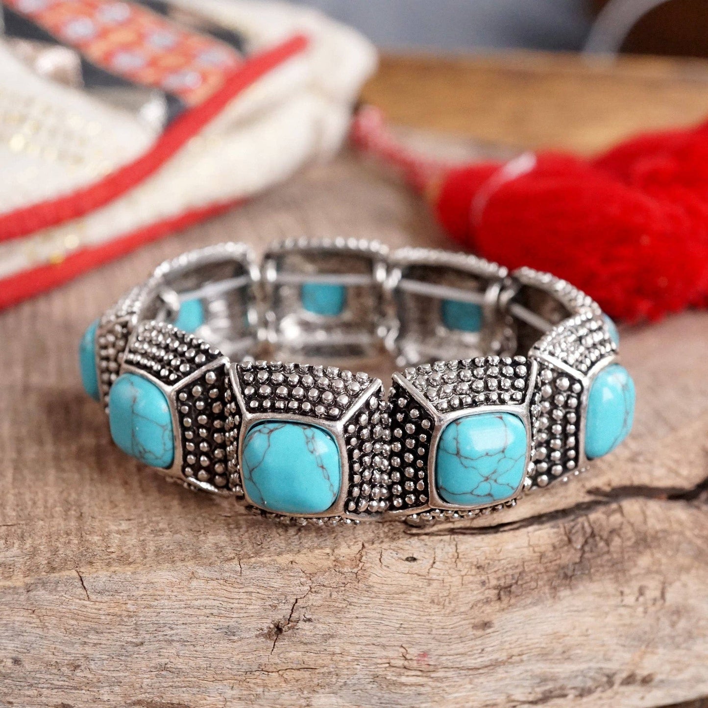 #408 Western Stretchy Bangles – Buffalo Turquoise Flowers in Worn Silver Tone